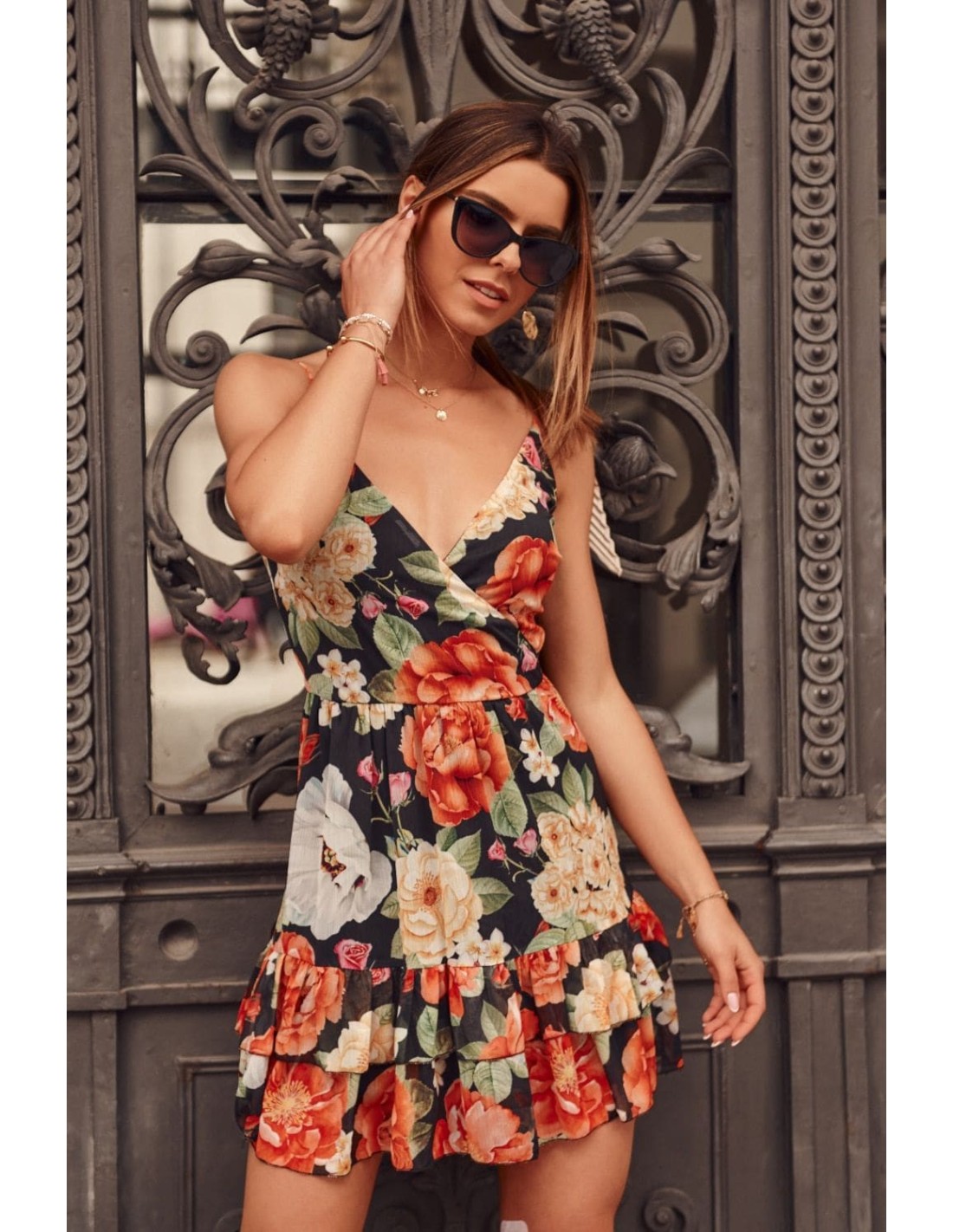 Elegant dress with colorful flowers, black PR3210 - Online store - Boutique